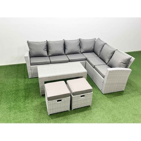 Fimous 8 Seater Garden Outdoor Rattan Furniture Set Rattan Corner Sofa Oblong Coffee Table Set with 2 Small Footstools Light Grey Mixed (1/5)