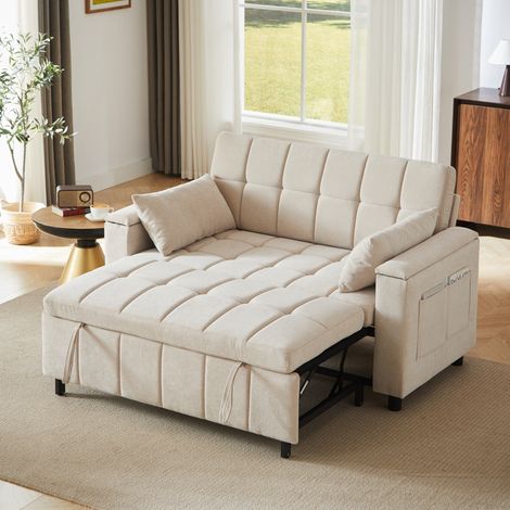 Divano letto 3 in 1 148.6x81.3x86.4 cm, con vani nei braccioli e tasche laterali, chenille beige (1/5)
