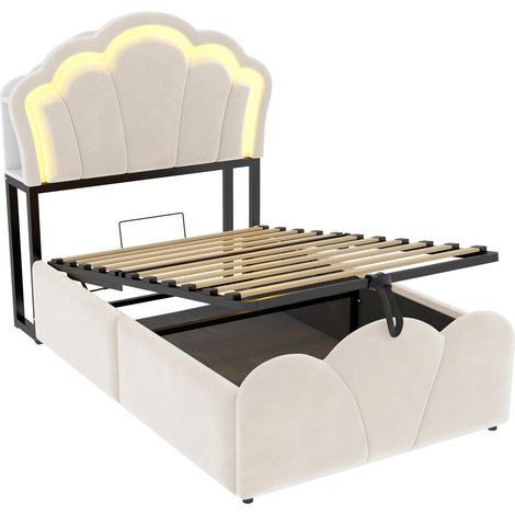 Letto imbottito 90 x 200 cm con contenitore idraulico, LED, prese, velluto beige HOMVRA (1/5)