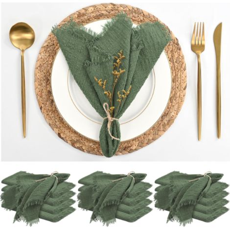 Lot de 12 serviettes de table en coton et lin 40 x 40 cm, avec pompons faits main, en tissu doux, lavables, style vintage (vert) (1/5)