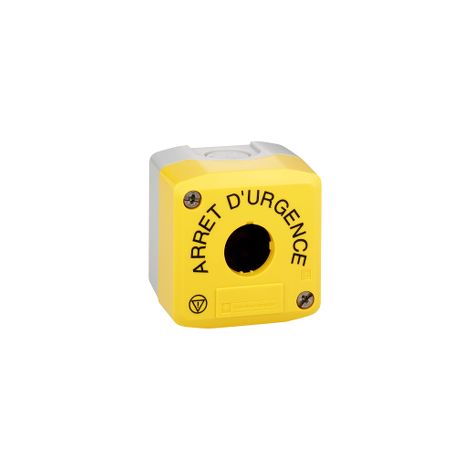 Harmony boite - 1 trou - couvercle jaune - ARRET D'URGENCE - logos EN13850 - XALK01HFR