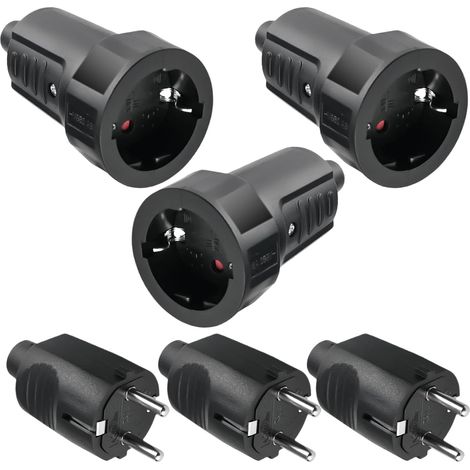 Lot de 3 paires de fiches Schuko - 250 V - 16 A - IP44 - En caoutchouc - Avec protection anti-torsion - 2 pôles - Extérieur étanche - Noir - Fiche Schuko et raccord en caoutchouc - Sans câbles (1/5)