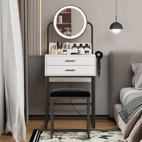 Dressing Table with LED Lights, Vanity Table with Adjustable Brightness Mirror, 2 Large Drawers and Hair Dryer Rack, Cushioned Stool, Modern Bedroom Dresser (Black Frame, Compact Size) (1/5)
