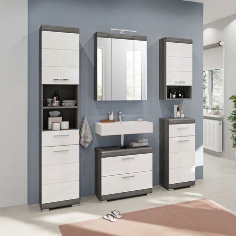 Ensemble 5 meubles de salle de bain anthracite et blanc + lampe - ORIE
