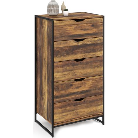 Idmarket – Chiffonnier 5 tiroirs 60 cm – Bois vieilli et métal noir – Style industriel – Dimensions compactes 60x40x110 cm