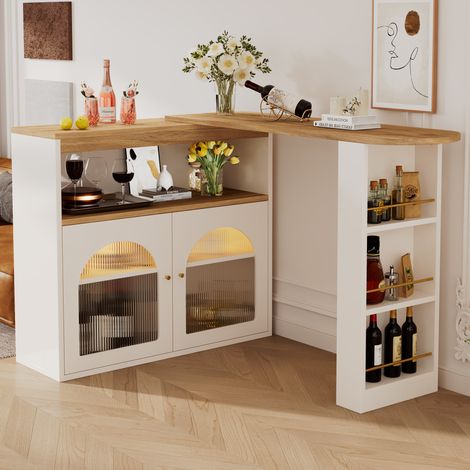 Table bar extensible MDF blanca 138-193x39x105 cm con almacenaje giratorio 360° y luz LED