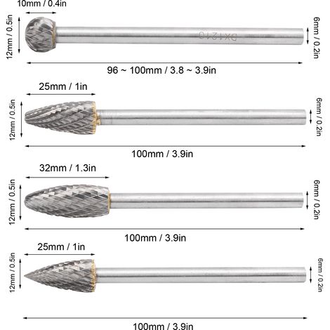 Jeu de 4 limes rotatives en carbure de tungstène à tige de 6 mm (1/5)