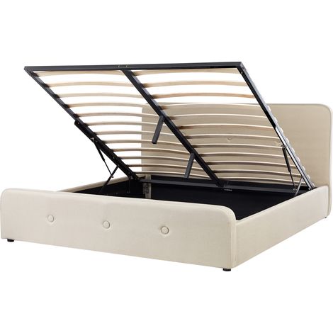 Cama tapizada en tela beige 180 x 200 cm con almacenamiento y somier patas de madera diseño moderno Rennes
