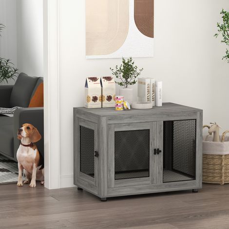 Gabbia per cani 94 x 60 x 71,5 cm in compensato grigio con 2 porte, per cani grandi – MEUBLIV (1/5)