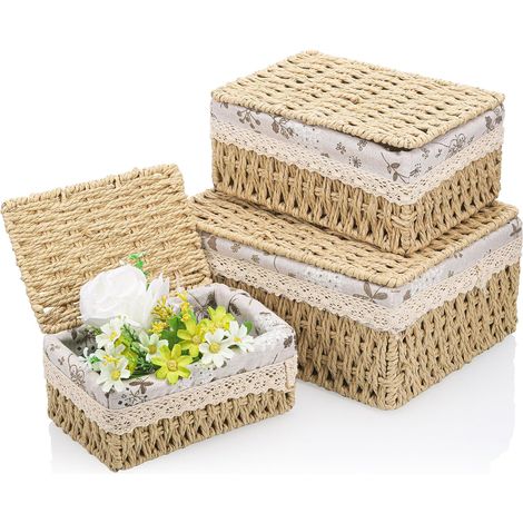 Panier Rangement Osier à Couvercle avec Motif Floral, Paniers de Décoration Tissé à la Main, Panier Osier Rectangulaire Peu Encombrant, Paniers et Boîtes de Rangement pour Chambre, salle de bain (1/5)
