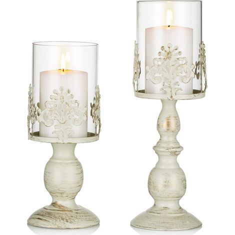 Support Pour Bougie En Verre - Gravure Florale - Hauteur 26 Cm Et 33 Cm - Décoration Intérieure - Lot De 2