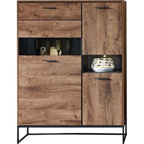 Highboard im Industrial Design in Haveleiche Cognac mit graphit MINNEAPOLIS-55 inkl. LED-Beleuchtung B/H/T ca: 110/148/38 cm (1/5)