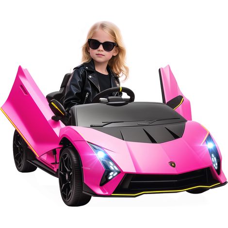 Voiture électrique pour enfants de 3 à 6 ans, Lamborghini authentique 12 V avec double moteur, portes papillon, suspension, rose (1/5)