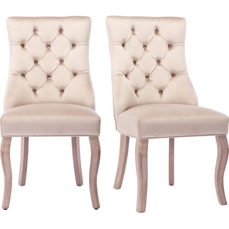 CAIziLot de 2 chaises velours beige, dossier haut capitonné, bois massif (1/5)