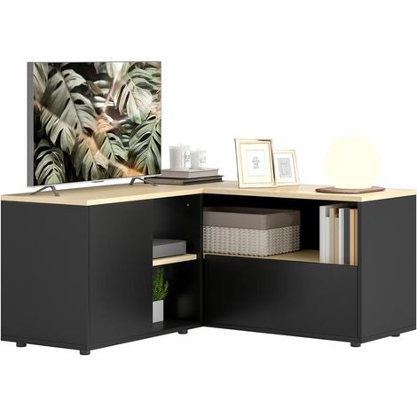 Meuble TV d'angle banc télévision jusqu'à 40 pouces avec 2 placards et 3 niches 90 x 90 x 45 cm chêne et noir (1/5)