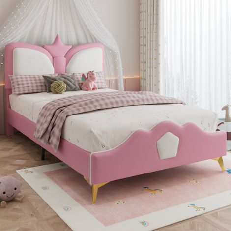 Cama infantil de 90x200cm en polipiel con LED - Rosa y blanco
