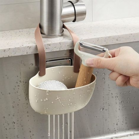 Support pour éponge d'évier de cuisine - Panier à suspendre pour robinet - Sans perforation - Café simple (1/5)