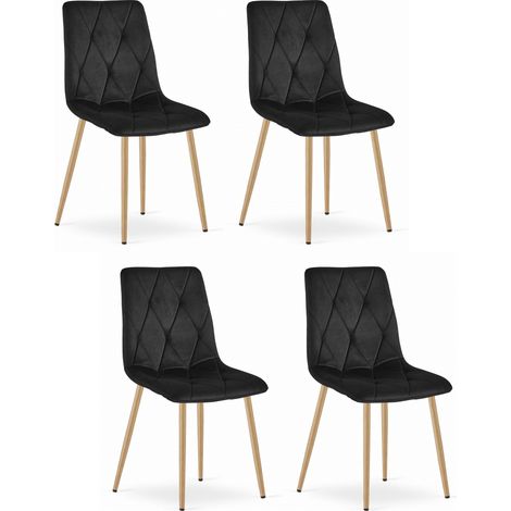 Chaise BOSA, velours noir, avec pieds en métal couleur bois, jusqu'à 110 kg, dimensions 44x89x40 cm, 4 pièces pour salon, salle à manger, bureau (1/5)