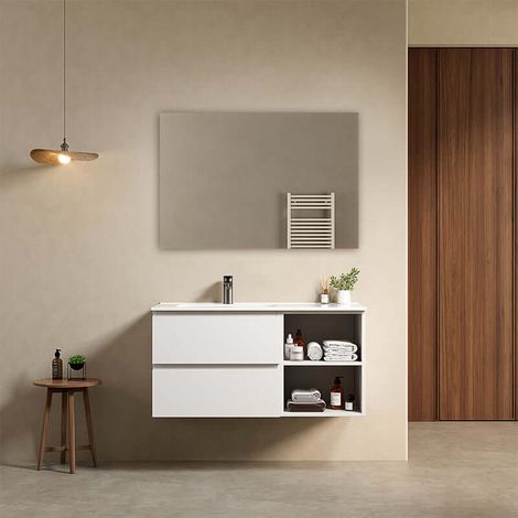 Mobile bagno sospeso 100 cm Bianco Lavabo a Sinistra in Ceramica Specchio Quadro - Fiji Paint Plus