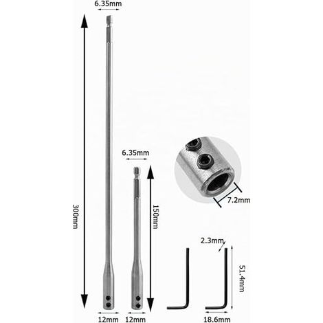 Drill Extension 150mm/300mm Carbon Steel Drill Extension 1/4 Inch Wood Drill Bit Extension 6.3 mm Shank Extension Hex Keys (1/4)