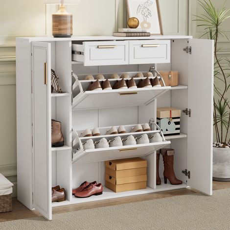 Meuble à chaussures moderne – Étagères réglables – Poignées dorées – 2 tiroirs + 2 portes – Blanc – 120 × 24 × 107 cm – Pour entrée, couloir ou dressing