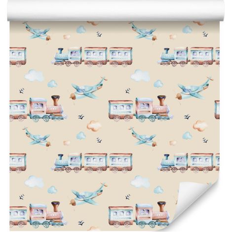 Papel pintado de aviones y trenes para salón y dormitorio, 50x1000 cm. (1/5)