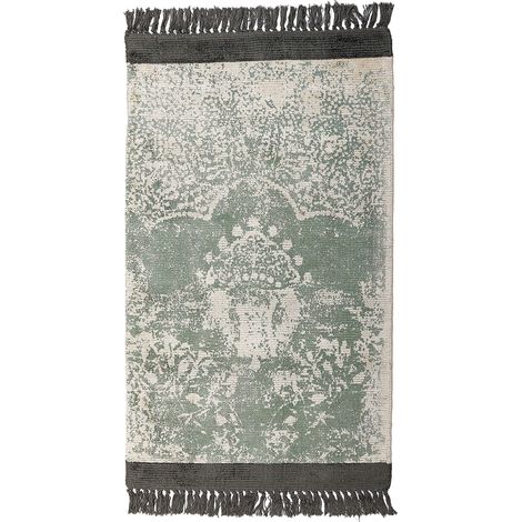 Tappeto vintage in viscosa con frange 80 x 150 cm verde e beige Akarsu