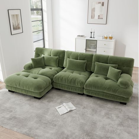 Sofá modular esquinero de chenilla verde con otomanes OKMYHOME (1/5)