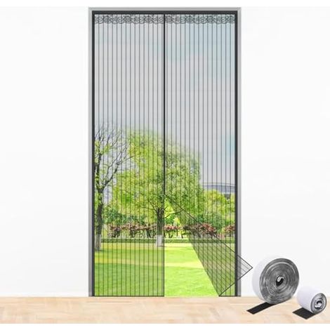 Moustiquaire magnétique pour porte, 90x210 cm, avec aimants puissants et bande auto-agrippante sur tout le cadre, rideau anti-insectes silencieux sans perçage, fermeture automatique.