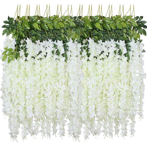 12 fleurs artificielles suspendues de 1,15 m (3,75 pi) chacune, guirlande de glycine artificielle en rotin pour décoration de fête et de mariage (blanche)-AquaForge (1/5)