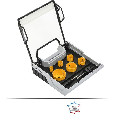 Peugeot – Mallette de scies cloches bimétal 8 pièces – Diamètres 19 à 67 mm – Pour perçage PVC, bois et métal – Base en caoutchouc renforcé (1/4)