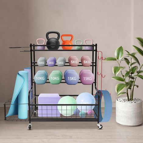 4 Tier Storage Rack with Wheels Weight Rack Multifunctional Equipment Organizer with Hooks Yoga Mat Holder Garage Lounge Gym (1/5)