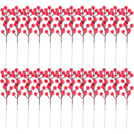 Tiges de Baies Rouges, Paquet 24 NoëL Artificielles 7,9 Pouces Branche Houx pour Arbre NoëL, Couronne Bricolage, FêTe