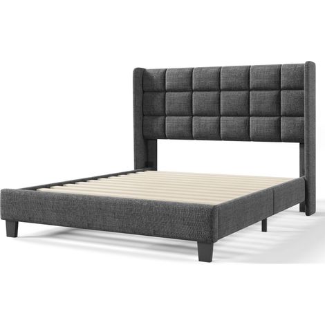 Lit double capitonné 140 x 200 cm – Tissu lin gris – Sommier à lattes avec fixation Velcro – Conception silencieuse – Hommoo (1/5)