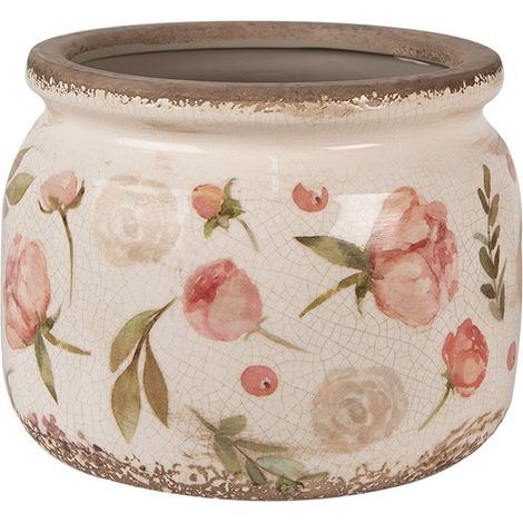 Cache-pot en céramique beige à fleurs roses style champêtre Ø 20 x 15 cm pour intérieur - PANGIVO (1/3)