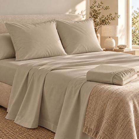 Ensemble literie 4 pièces – Drap plat 240 x 300 cm + drap housse 140x190 cm + 2 taies 63x63 cm – Percale 78 fils (1/5)