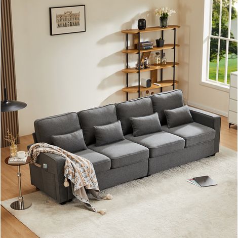 Sofá de 4 plazas de tela efecto lino gris oscuro 264 cm con 4 cojines y bolsillos OKWISH (1/5)