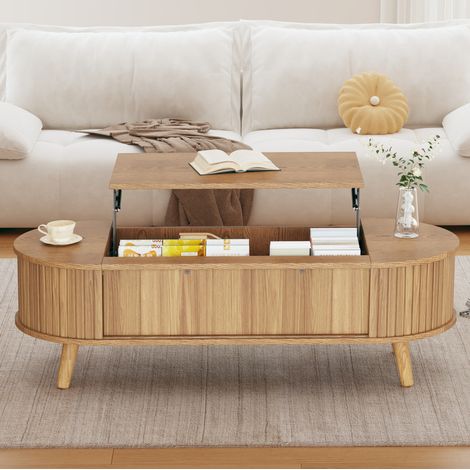 Couchtisch 120x50x39.5 cm natur aus MDF mit anhebbarer Platte, verstecktem Stauraum und Rollladentüren (1/5)