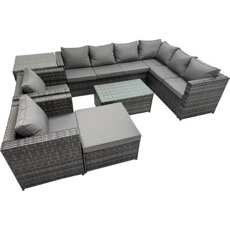 Fimous Patio Sofa Oblong Coffee Table Set Rattan Garden Furniture Set with 2 Chairs Big Stool Side Table Dark Grey Mixed (1/5)