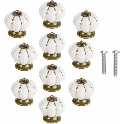 Lot de 10 boutons de porte vintage en céramique en forme de citrouille pour placard, tiroir, placard, décoration d'intérieur - Blanc (1/4)