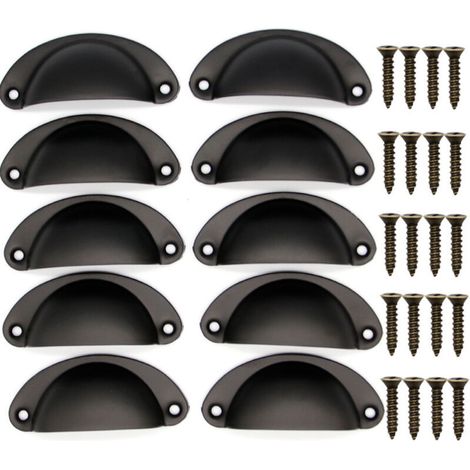 10 Vintage Shell Handle for Drawer Cabinet Kitchen Furniture, Curved Iron Retro Cupboard Door Knob, Curved Iron Shell Drawer Handle 8.1 x 3.5 cm, Vintage Furniture Handle with Screws - Black