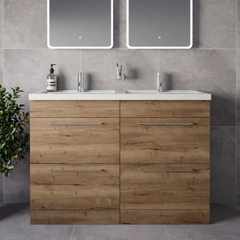 Napoli 390 Tobacco Oak 1200mm 4 Drawer Vanity Unit with Double Lucia Basins - 1200mm - Chrome 320mm Handle
