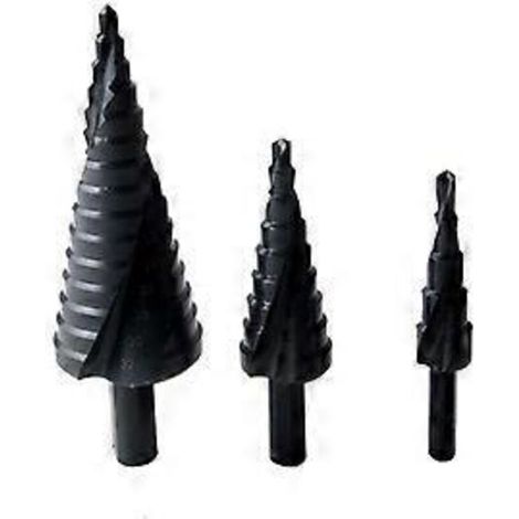 Jeu de 3 forets étagés 4-12 mm / 4-20 mm / 4-32 mm, forets à goujure hélicoïdale HSS à poignée triangulaire nitrurée pour acier au carbone, tôles et isolants. (1/3)