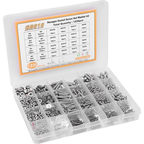 Kit 1220 pièces vis écrous rondelles 304 inox tête ronde cruciforme douille M2 M3 M4 M5 fixation (1/5)