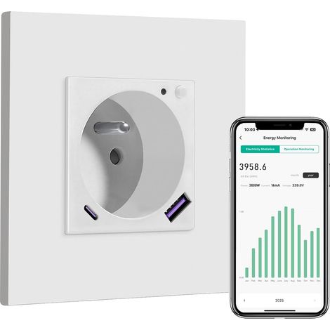 WIFI Prise Connectée Murale,86 86mm Blanc,Prise Encastrable avec USB C Panneau en Plastique,Fonction de Comptage D'électricité,Compatible avec Smartlife/Home (1/5)