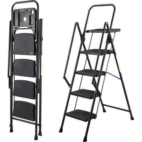 Escabeau à 4 marches, marchepied robuste en acier avec larges pédales antidérapantes, rampe, système de verrouillage de sécurité, testé pour une charge de 150 kg, échelle pliante et portable pour usag