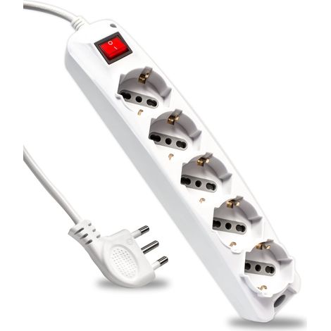 Bloc multiprise électrique avec Interrupteur et câble de 1,5 m – 5 Prises 10/16 A bipasso + Shuko – Prise 16 A – Prise électrique pour Maison, Bureau, Magasin – Couleur Blanche (1/5)