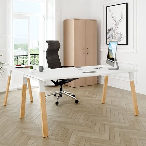 Bureau d'angle manager L 200 x P 200 piètement bois/métal, plateau blanc - Arch - Maxiburo (1/2)