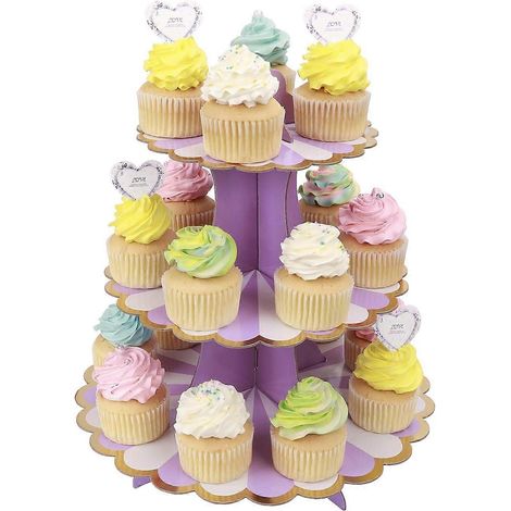 Présentoir à cupcakes à 3 étages (32 cm x 30 cm) en carton, idéal pour une baby shower, un anniversaire d'enfant ou une fête à thème. (1/5)