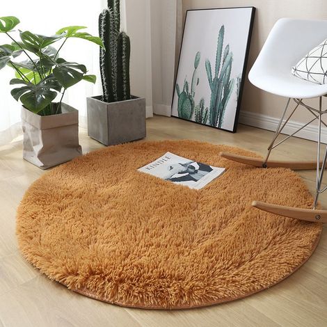 Tapis Rond, à Poils Longs, 120cm X 120cm, Moderne, pour Salon, Chambre à Coucher, Salle à Manger ou Chambre d'enfant, Tapis de Sol Shaggy Confortable Moquette Anti-dérapage, Jaune d'or 120cm X (1/4)